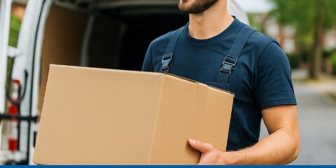 Professional Man and Van Harrow mover carrying a large cardboard box beside a van, representing trusted and efficient removal services across Harrow.