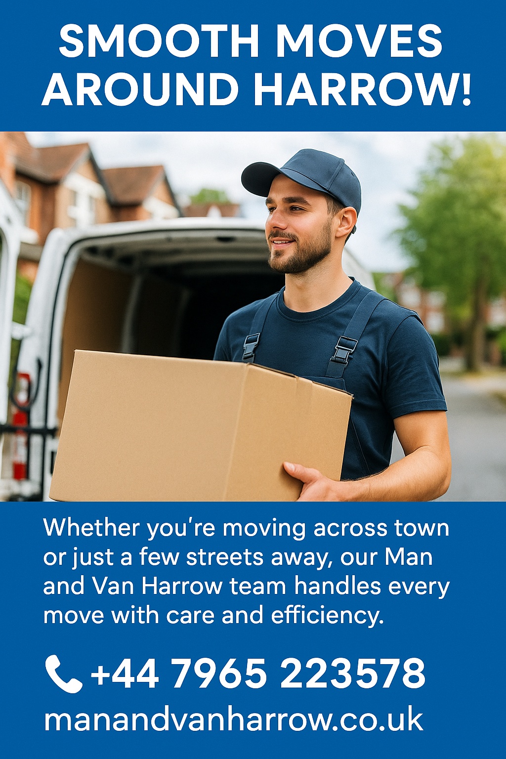 Man and Van Harrow – Smooth Moves Around Harrow Professional Man and Van Harrow mover carrying a large cardboard box beside a van, representing trusted and efficient removal services across Harrow.