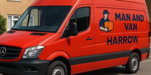 Red high-roof Man and Van Harrow van parked on a suburban street, representing the company’s professional removals and clearance services in Harrow.